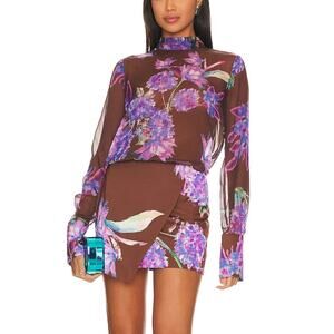 Rococo Sand Chiffon Mini Dress Brown Floral SMALL‎ High Neck Designer $371 NEW